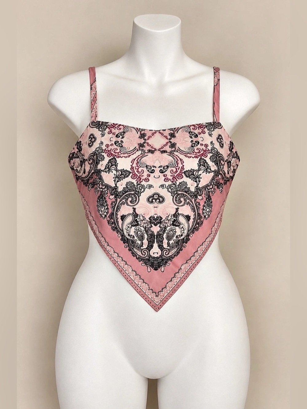 SHEIN Criss Cross Tie Back Paisley Cami Bandana Top Pink & Black US 2